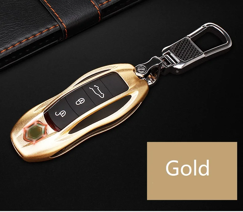 Автомобильный чехол для ключей Алюминиевый сплав ключ оболочки протектор сумка для хранения красный черный для Porsche Panamera Cayenne Macan 911 918 - Название цвета: Золотой