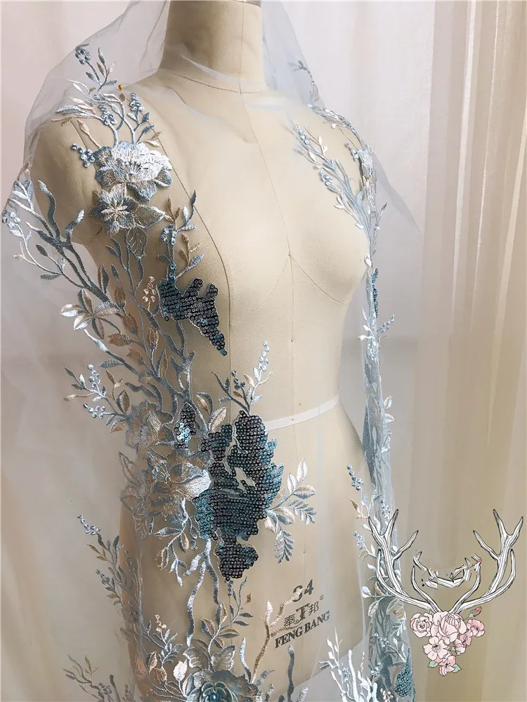 

3D Flowers Applique Beaded Lace Fabric For Fashion Wedding Show Evening Dress Floral Fabric DIY Material Curtains Home Decor