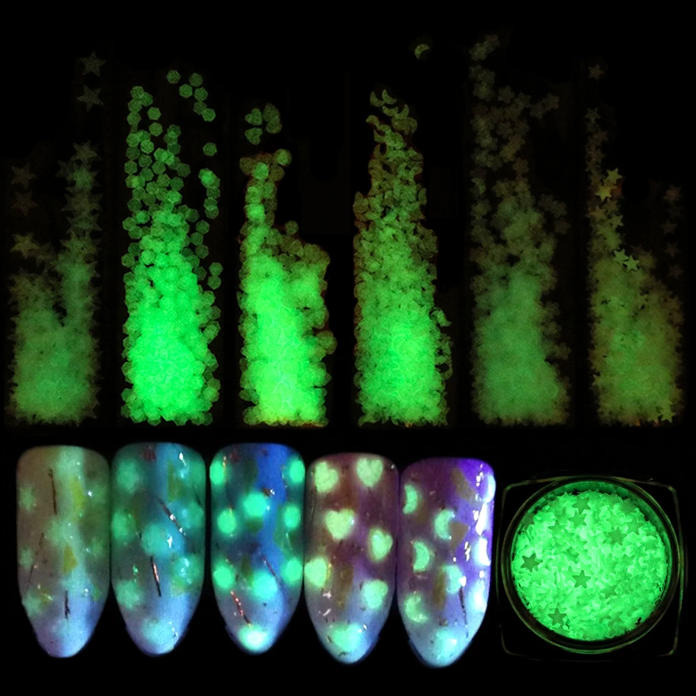 1 коробка флуоресцентный Светящийся лак для ногтей ультратонкие блестки сердце круглая пудра с пайетками светится в темноте TRYP01-07