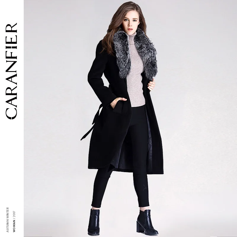 CARANFIER 2017 полушерстяные зимние женские пальто теплый воротник тонкий пояс черный