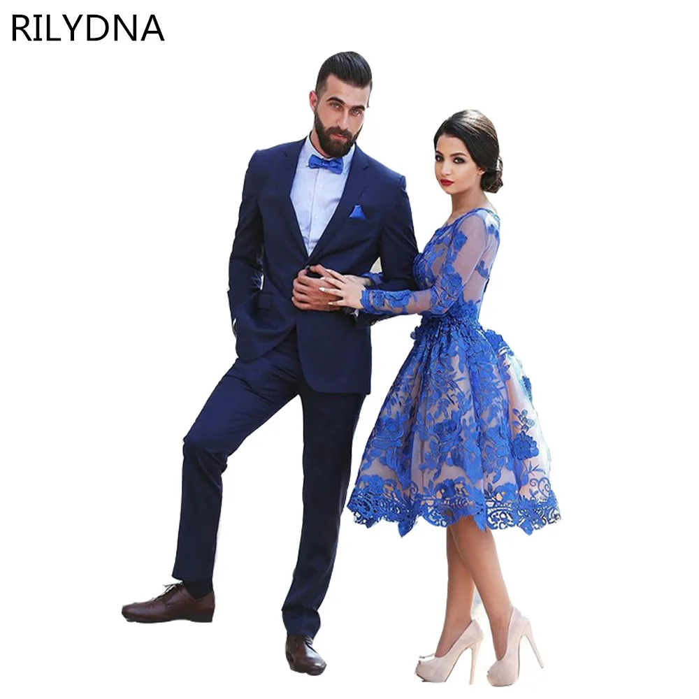 Royal Blue Lace Homecoming Dresses Long Sleeves Short Graduation Dresses Cute Party Dress Gowns Knee Length