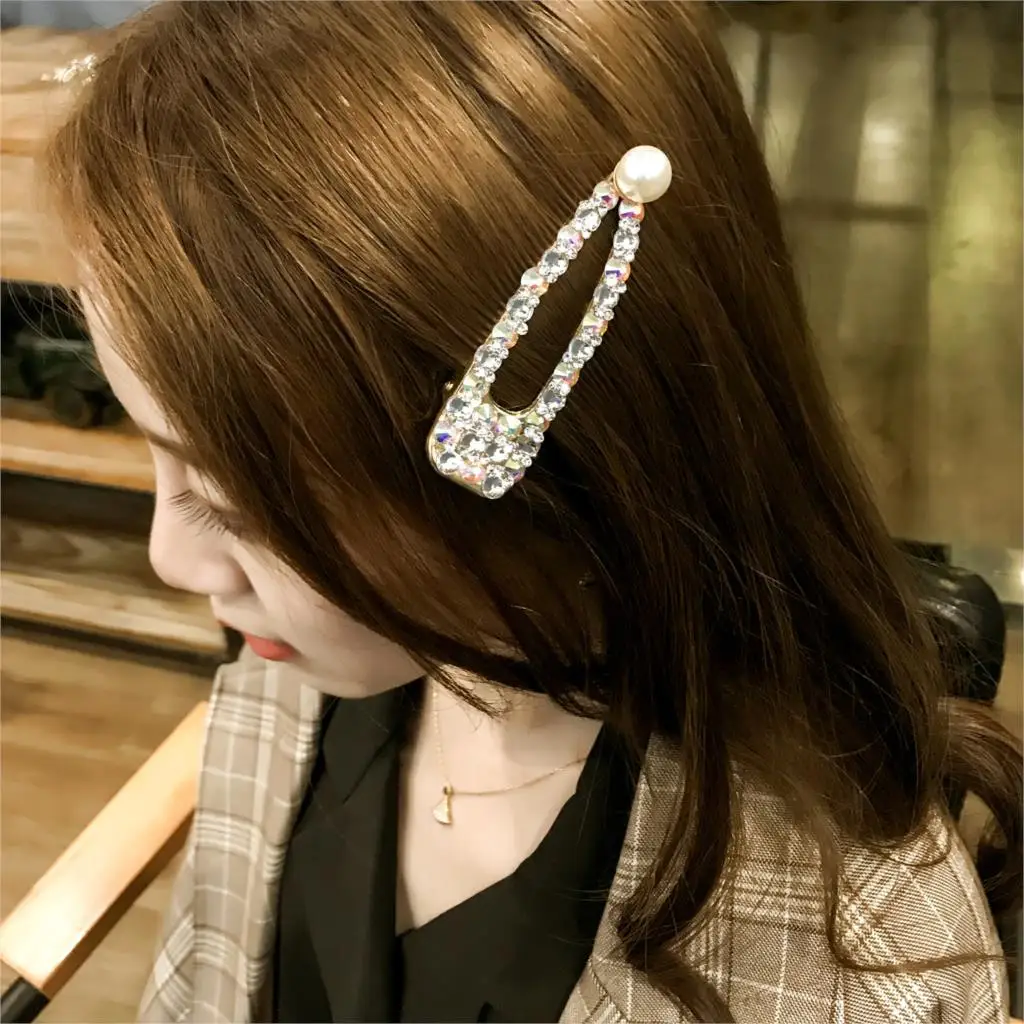 

1Pcs Hairpin Women'S Fashion Rhinestone Pearl Word Clip bangs Clip Side Hairpin With Drill Side Clip