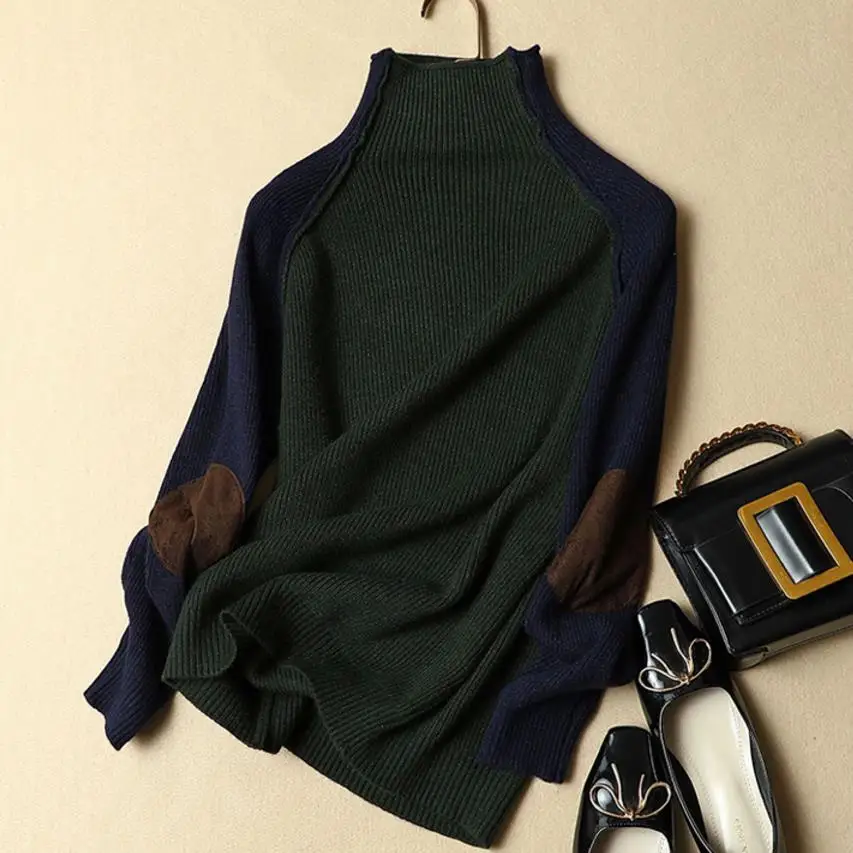 Новинка, зимний женский вязаный кашемировый свитер с высоким воротником, тонкий стильный однотонный пуловер в стиле пэчворк