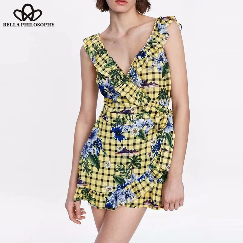 Wonder Summer Sleeveless Beach Rompers Vintage Womens Jumpsuit Casual Ladies Sexy V-Neck Lace-Up Print Floral Playsuits 2019