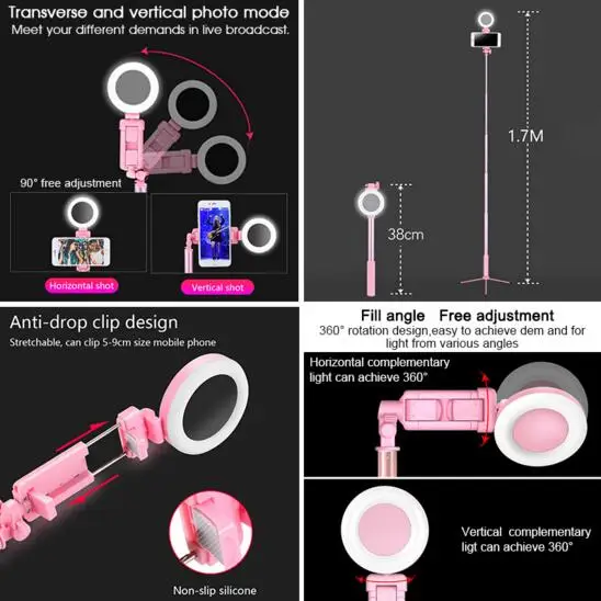 170cm Selfie Stick Rotating Multifunction Tripod Fill Light Bluetooth Remote Control Selfiestick for Smartphone iPhone X1