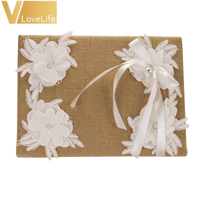 25x16cm Lovely Wedding Guest Book Burlap Lace Bow Flowers for Party Reception Decor Home Favors Gifts | Дом и сад