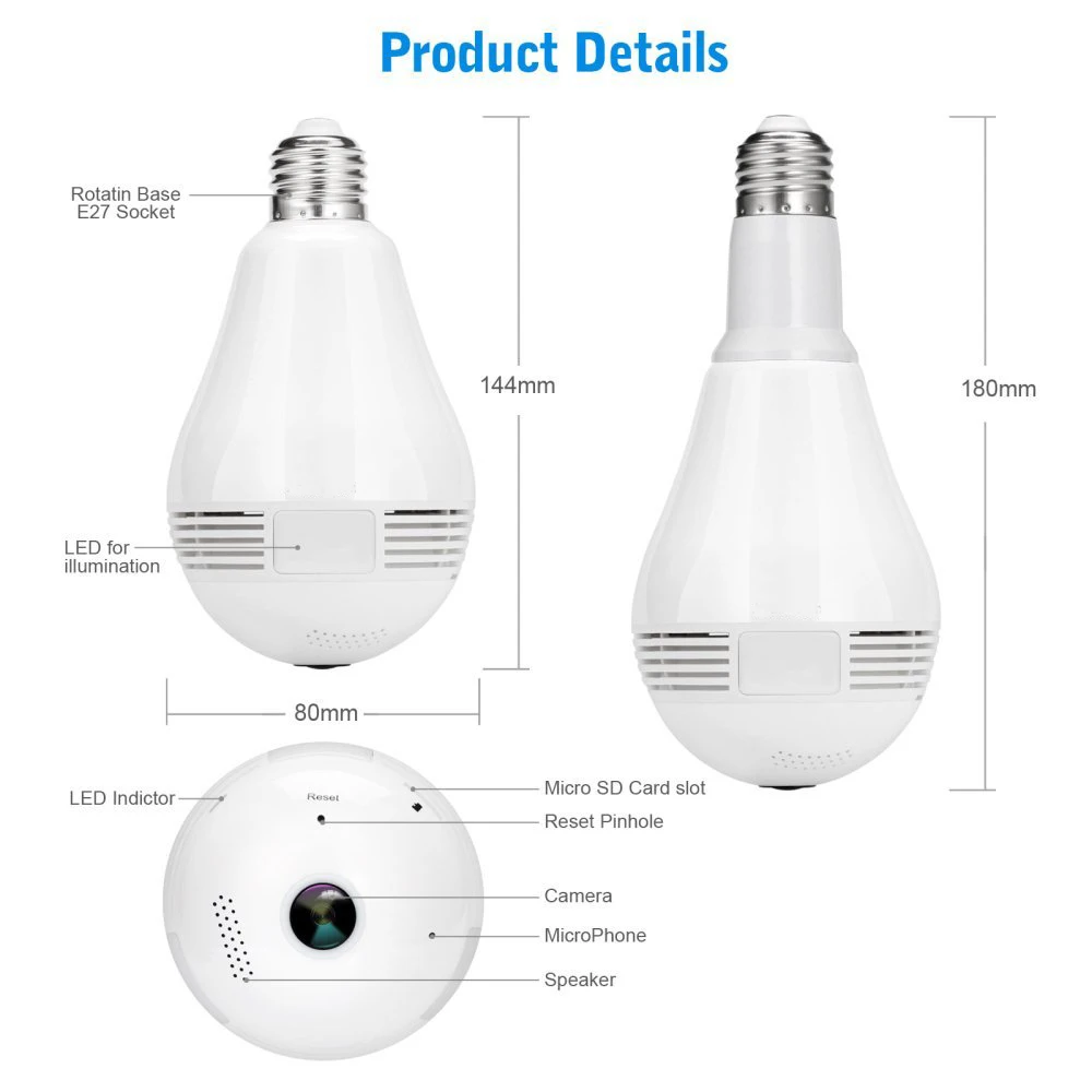 960P HD 360 degree Wireless IP Camera Wifi Bulb Light Smart Home CCTV 3D VR Camera 1.3MP Home Security Panoramic Camera