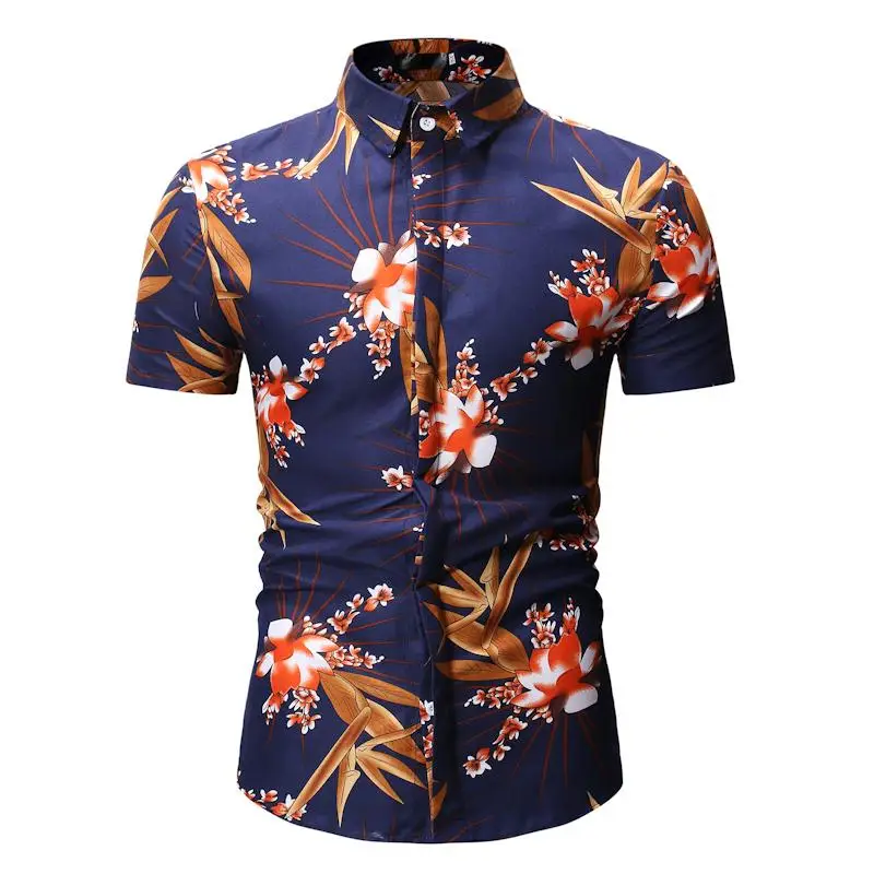 

Men's Flower Shirt Casual Mens Clothing Loose Blouse Men Summer Short Sleeve Mens Dress Shirts Red navy