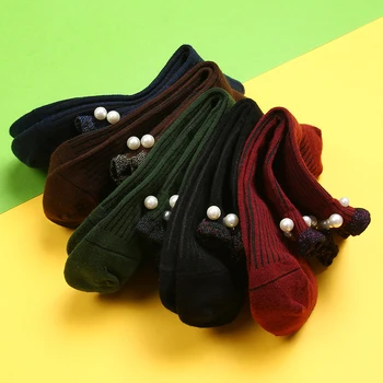 

Casual Women Beaded Socks Lovely Pearl Sock Woman Girl Lady Sox Hosiery Solid Color Fashion Glitter Socks Female 5 Color