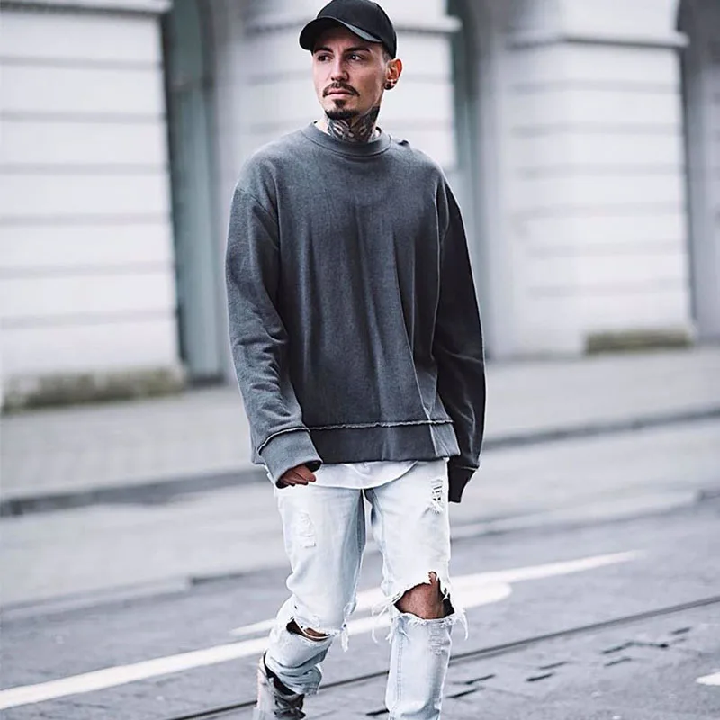 Kanye west street style oversized hoodie men ripped hem design vintage sweatshirt harajuku man 