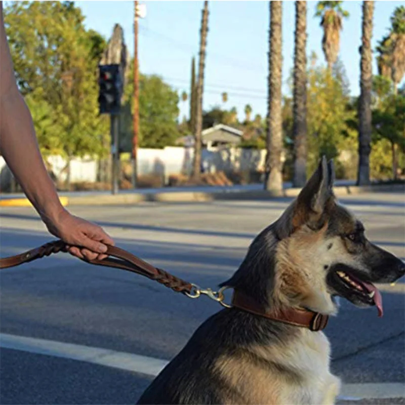 Плетеный поводок для собак из натуральной кожи с двойной ручкой, поводок для прогулок, длинный короткий поводок для немецкой овчарки, средних и больших собак