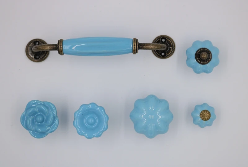 1x الأزرق سلسلة السيراميك مقبض الورد تاج الشمس زهرة صبي الأطفال غرفة لخزانة ملابس بأدراج خزانة مقبض الباب