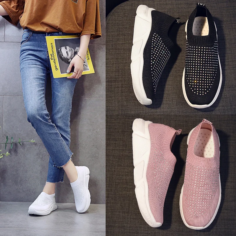

2019 Spring/Summer New Women Casual Slip-on Sneakers Flat with Comfortable Crystel Sneakers Student Sports Shoes Black/White