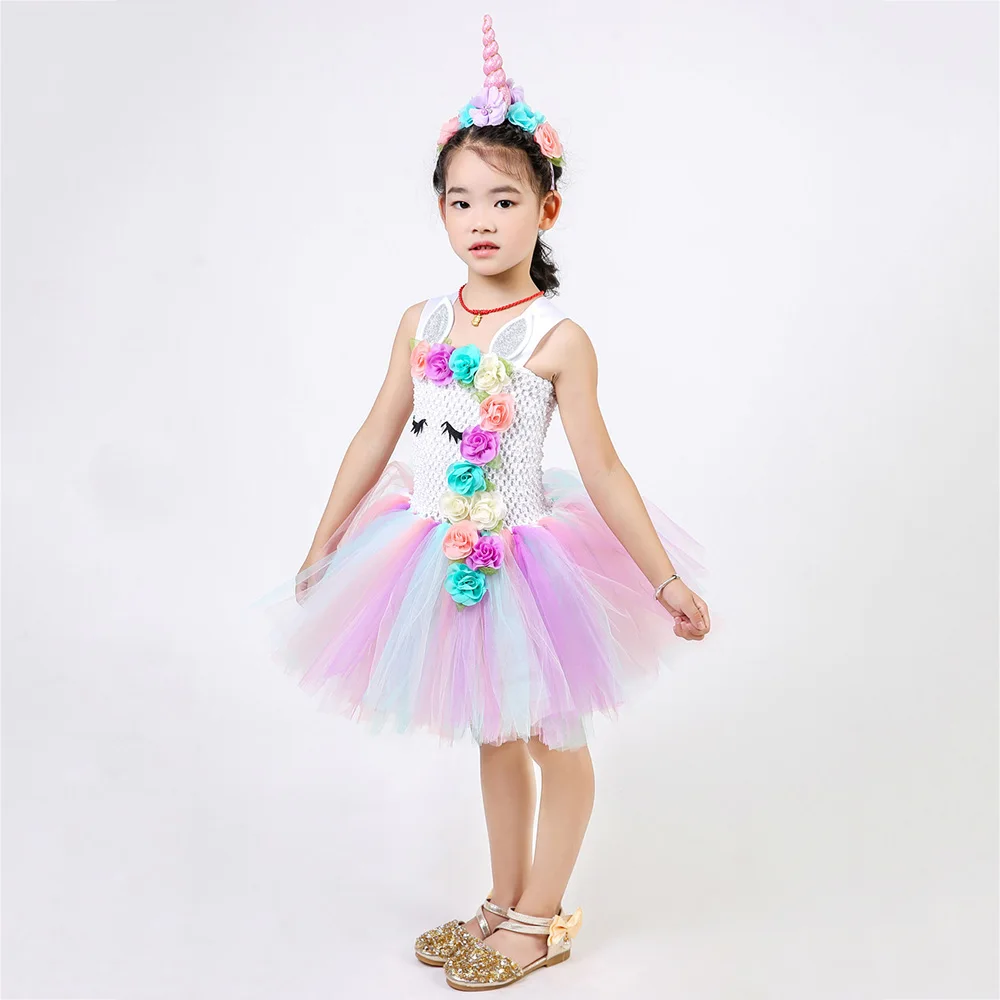 Pastel Clothes Knee Length Flower Children Girls Unicorn Tutu Dress Rainbow Princess Sleeveless Little Kids Pony Dress Vestido 8 (12)