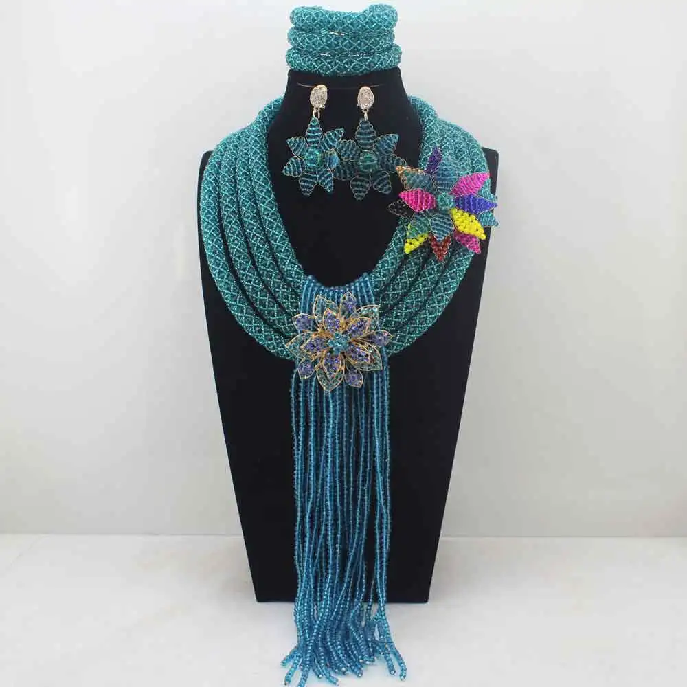 

New Luxury Peacock Blue Beads Nigerian Wedding African Jewelry Sets for Brides Women Flower Jewellery Set Free Shipping LK0023