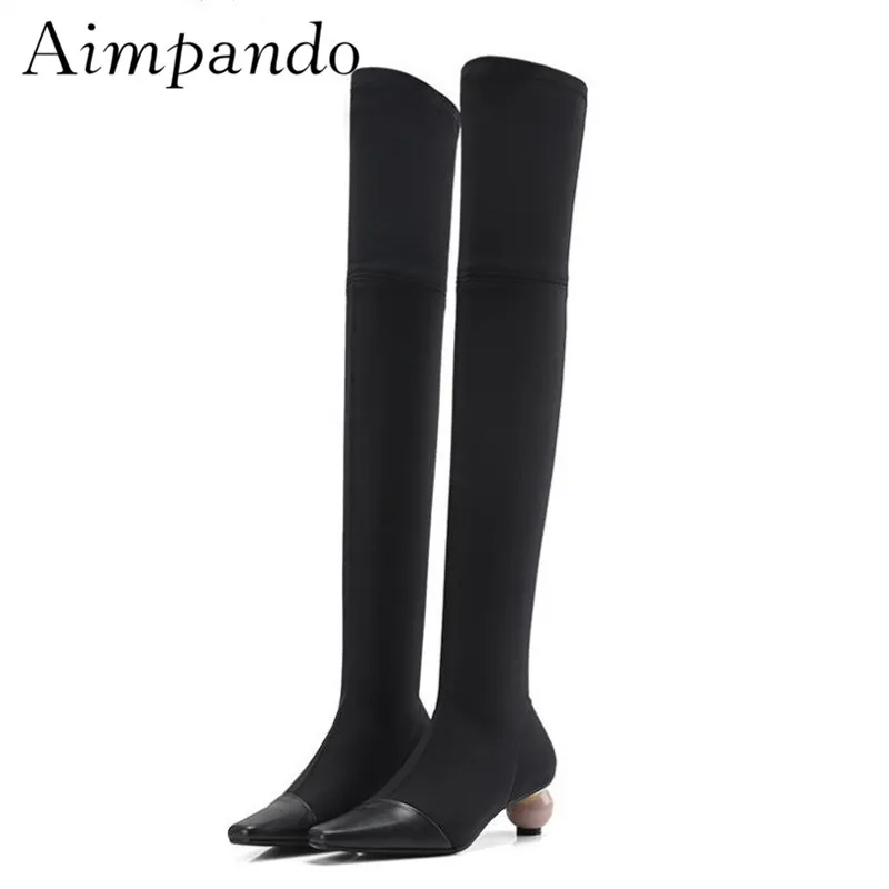 

Individual Building Blocks Heel Over The Knee Boots Stretch Fabric Black Runway Botas Mujer Strange Heel Long Booties