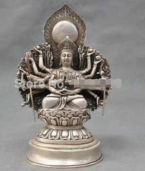 

Fast shipping 10'' China Tibet Silver Bronze Buddhism Earth Store Buddha Bronze Statue