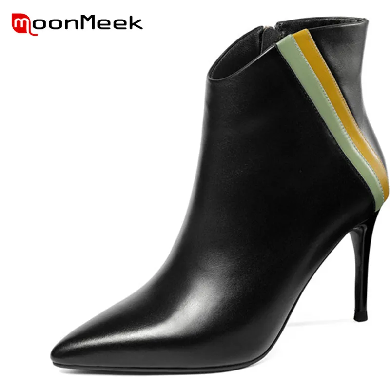 

MoonMeek 2020 NEW fashion zipper ankle boots high quality genuine leather boots sexy pointed toe autumn winter ladies boots