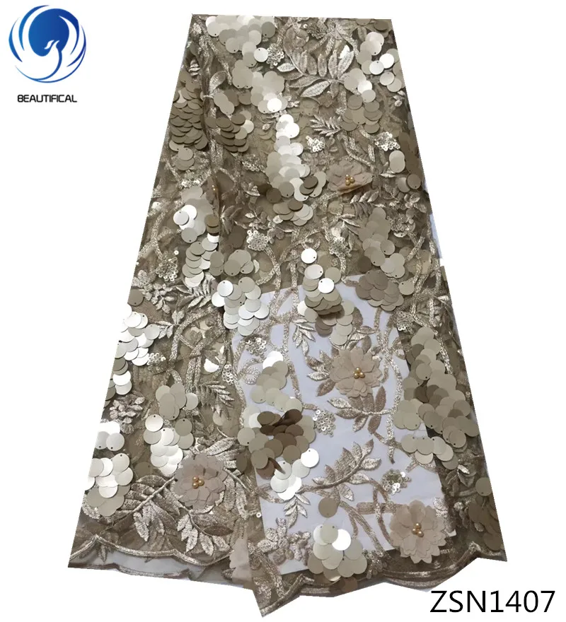

BEAUTIFICAL sequined beaded lace fabric flower tulle lace fabric with beads and shining sequins 5yards for evening party ZSN14