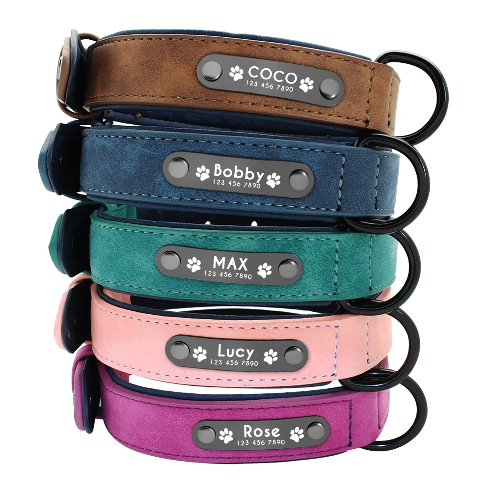 Leather Dog Collar Leash Set Personalized Soft Dogs Collars Lead Padded for Small Medium Large Dogs Pitbull French Bulldog