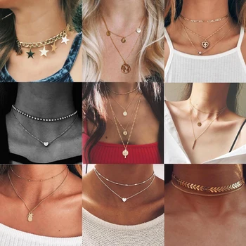 

Necklace For Women Sexy Fashion Pop Silver Gold Charm Necklace Collar Set Multilayer Necklace Beach Cute Star Bodomia