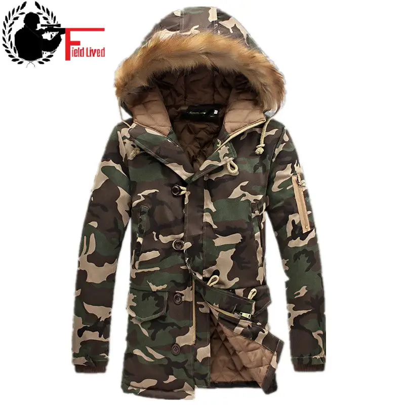 

Mens Long Winter Camouflage Jacket Fur Hooded Down 2019 Outwear Thick Military Style Parkas Male Big Coats Army Green Camo 3XL