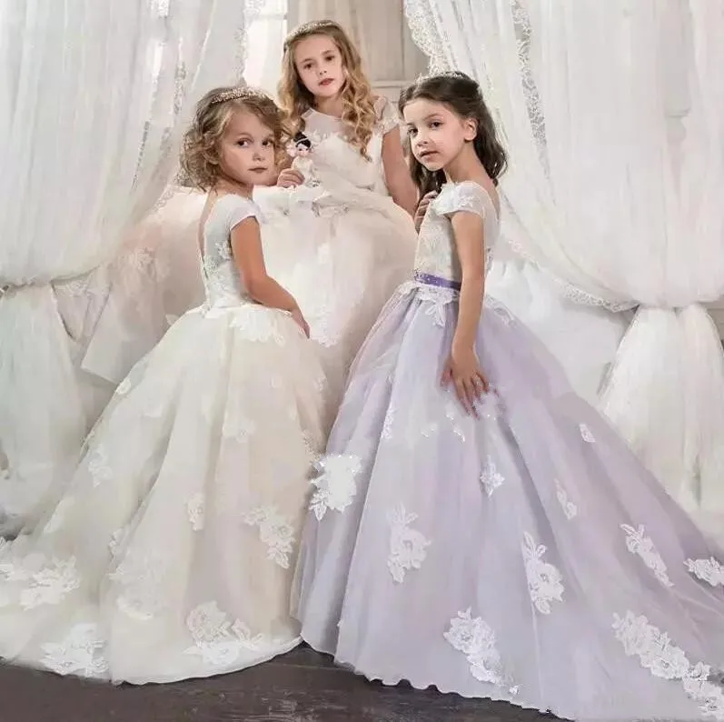 

Ball Gown Girls Formal Wear Kids Pageant Dresses Tulle Sheer Lace Applique Flower Girl Dresses Birthday Party Gowns Custom Made