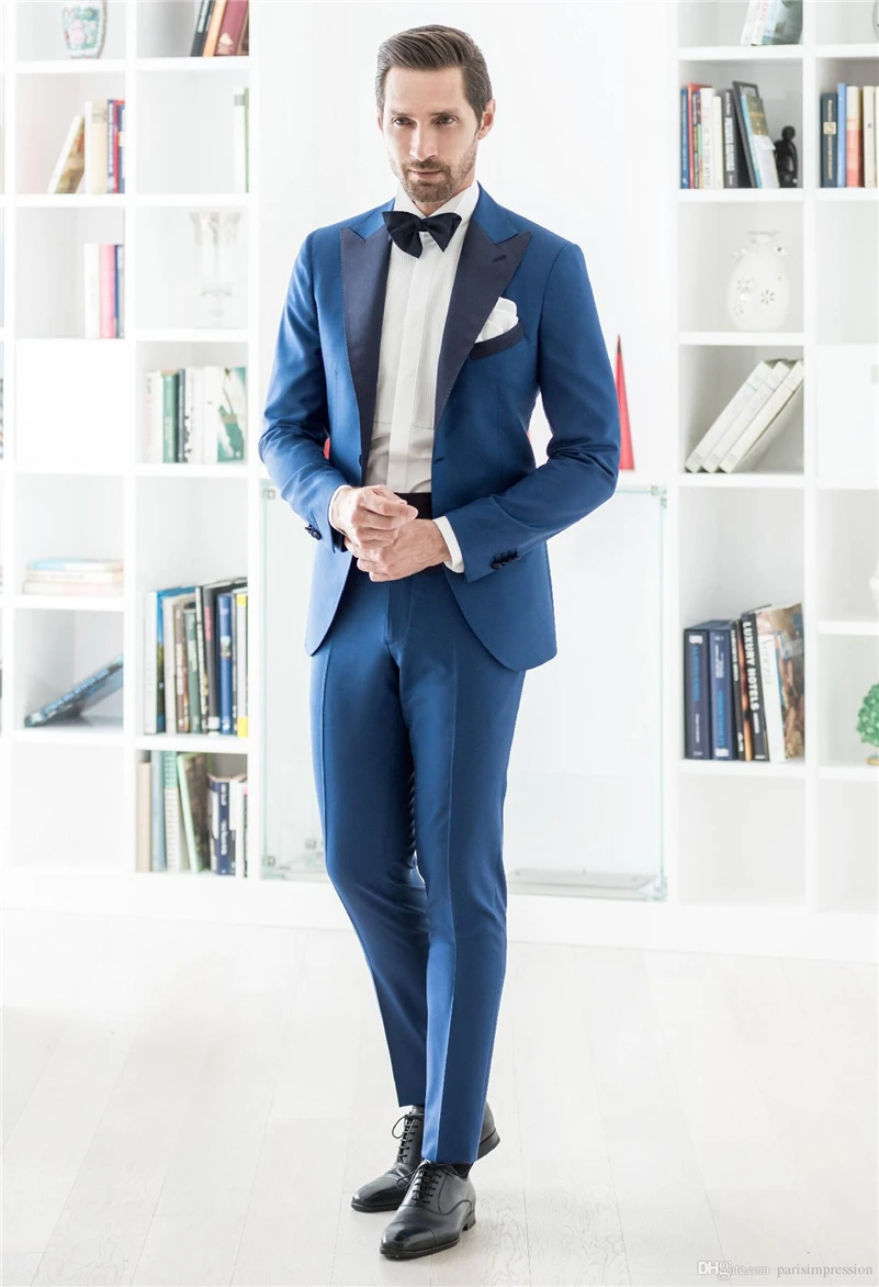 84 2016 Slim Fit Groom Tuxedos Blue Groomsmen Peak Satin Lapel Men Wedding Suits Best Mens Suit (Jacket+Pants+Tie+Girdle)
