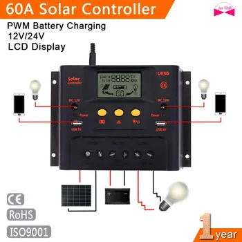 

Intelligent PWM 60A Solar Controller 12V 24V LCD Display USB 5V DC 12V Solar Panel Battery Charge Regulator Safe Protection A609