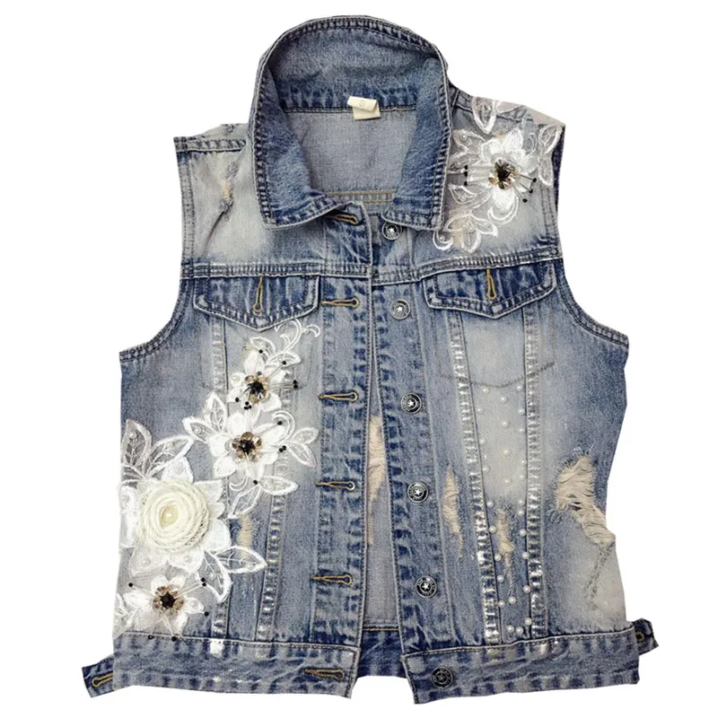 

Women's Denim Jacket For Outerwear Jeans Female Basic Coats High Quality Ripped Coats With Flowers