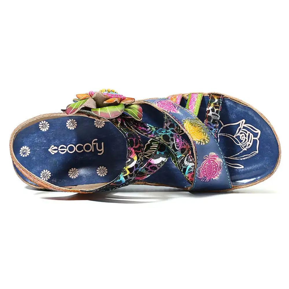 SOCOFY/сандалии в богемном стиле из натуральной кожи с цветочным узором; удобные босоножки на танкетке; элегантная женская обувь