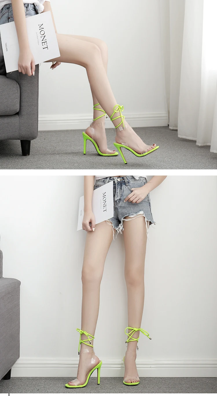 Eilyken/Модные женские босоножки на шнуровке; летние туфли на высоком каблуке с открытым носком; женские босоножки на тонком каблуке с ремешком и пряжкой; Цвет зеленый, черный
