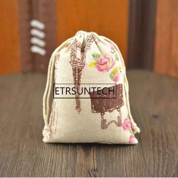 

300pcs Natural Linen Charms Bags Rose & Paris Tower Drawstring Favor Bag Wedding Party Gift Pouch 10x14cm