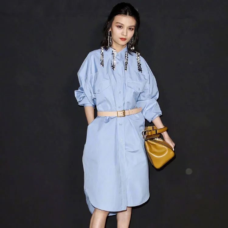 

Spring and Summer Stars with 2019 Reduction Age Pocket Shirt Type Short Former Dress Women Clothes