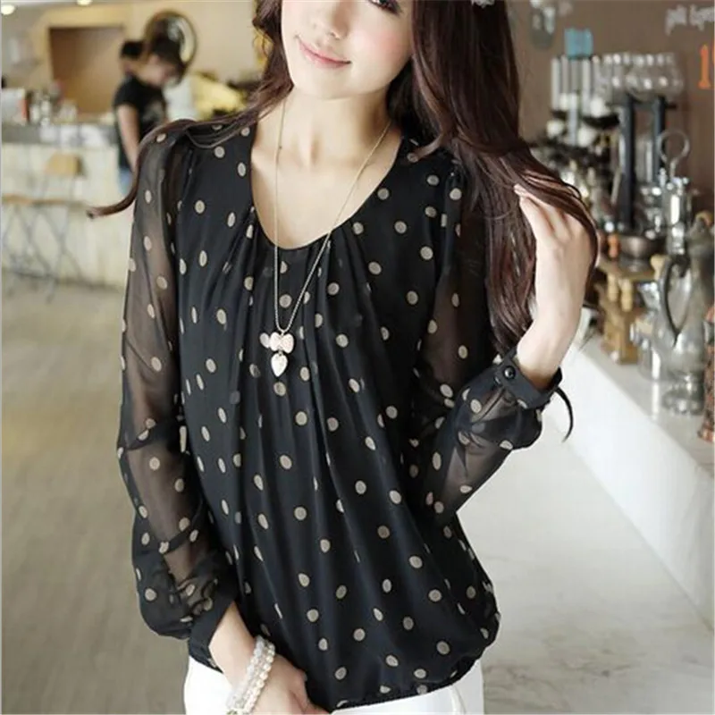 Black White Polka Dot Print Puff Long Sleeve Loose Blouse