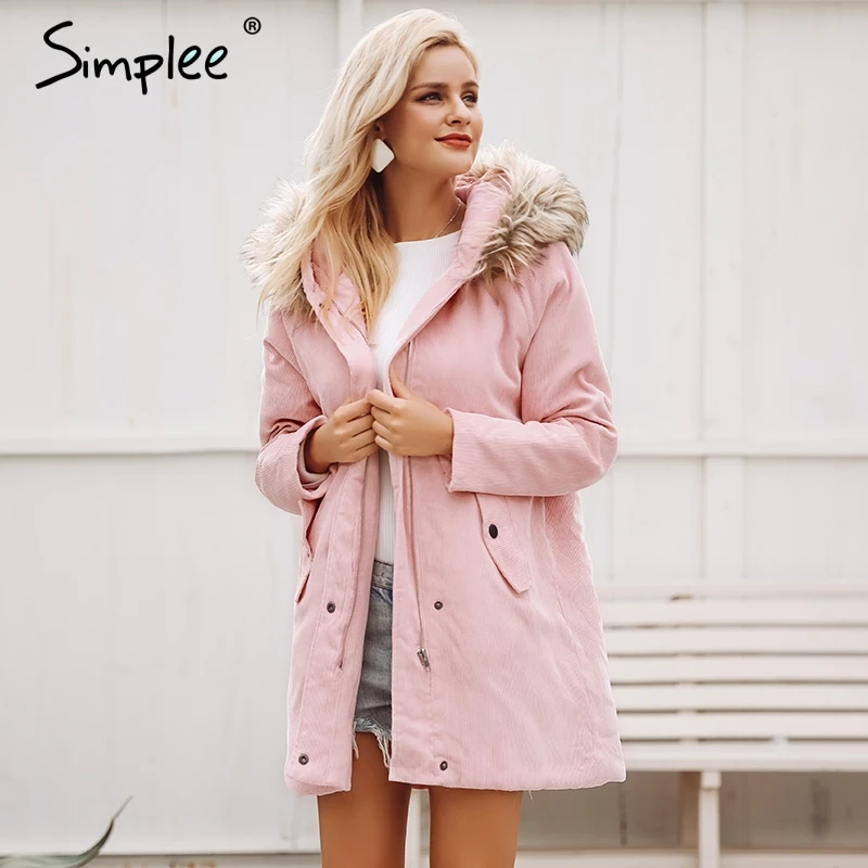 Simplee Faux fur splice hooded corduroy thick parka Winter warm soft padded coat Women 2018 lapel streetwear fashion overcoat