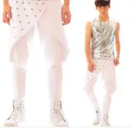 Ночной клуб певец DJ мужской личности заклепки шаровары штаны в стиле панк Модные мужские шаровары театральное представление брюки - Цвет: Белый