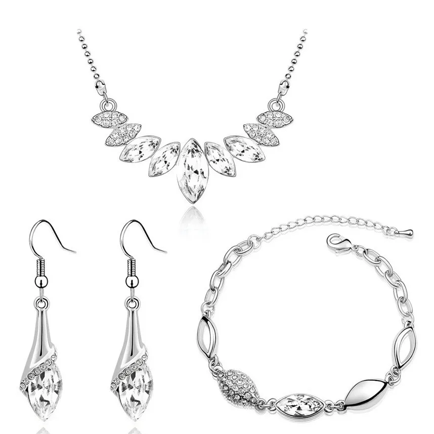 Браслет, ожерелье, серьги, свадебные, вечерние, серебряный цвет, австрийский кристалл, подвеска в виде капли воды, ювелирные наборы 44293
