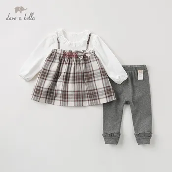 

DB11836 dave bella spring autumn baby girls fashion bow plaid clothing sets kids cute long sleeve sets children 2 pcs suit