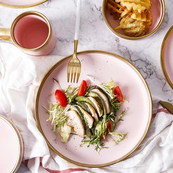 

1pcs European Style Matte Powder Gold Ceramic Western Tableware Rice Dish cup Steak Dish Western Dish Dessert Plate Nordic Style