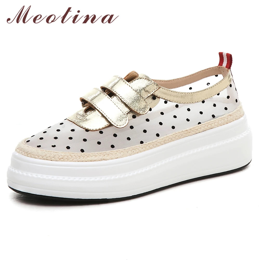 

Meotina Spring Flats Women Shoes Natural Genuine Leather Flat Platform Shoes Mesh Polka Dot Round Toe Shoes Ladies Gold Size 40