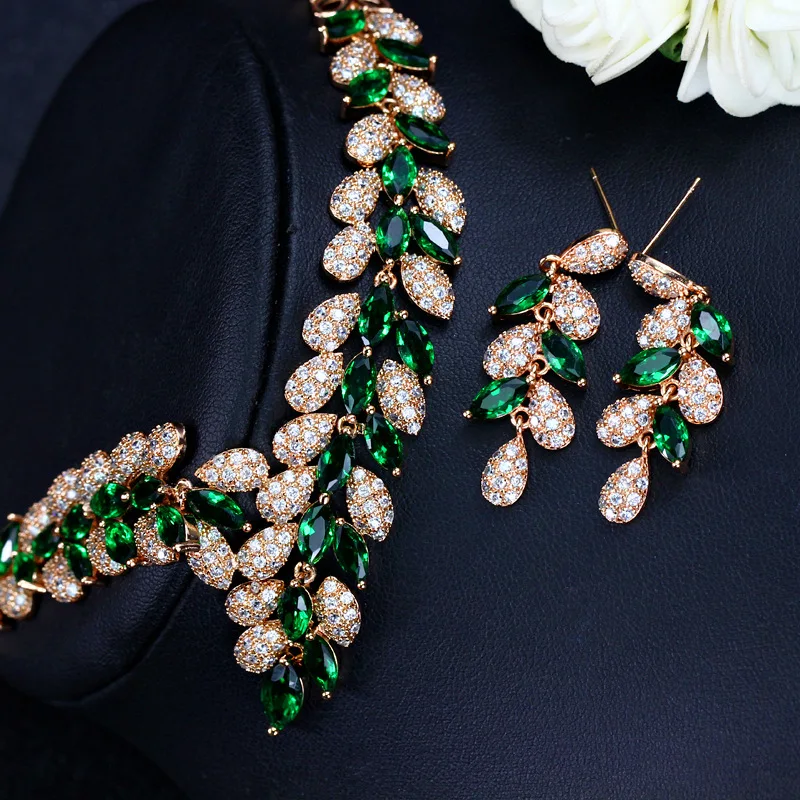 BeaQueen дизайнерский роскошный Дубай золотой цвет зеленый кубический циркон проложили CZ Кристалл свадебное ожерелье серьги Ювелирные наборы JS128
