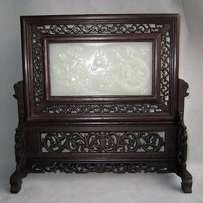 FINE CHINESE WOOD INLAID AFGHANISTAN JADE TWO DRAGONS SCREEN