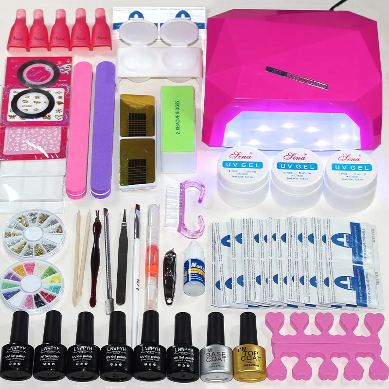 Manicure Kit Gel Nail Polish Set with 36W UV Lamp Nails Cutter Pusher Stickers Decal Top Base