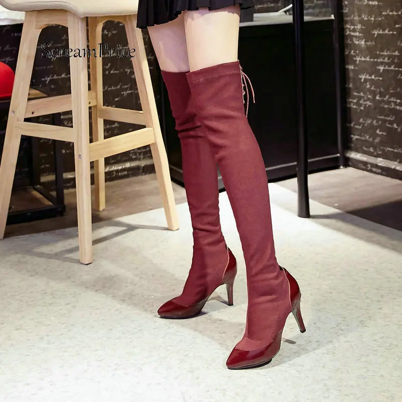 

Women Genuine Leather Thin High Heel Over The Knee Boots Fashion Cross Tied Winter Elastic Boots Black Wine Red