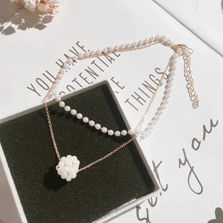 

2019 Fashion Double Layers Imitation Pearl Ball Short Necklace Chocker Chain Necklace Women Gift