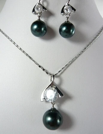 

Elegant Crystal Zircon black sea shell Pearl Necklace earring >Lovely Women's Wedding Jewelry Pretty