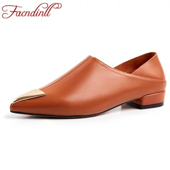 

FACNDINLL shoes 2019 hot sale genuine leather women pumps fashion square low heels pointed toe causal shoes spring summer shoes
