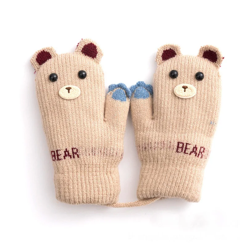 Winter Animal Shape Unisex Knitted Gloves Full Finger Mittens Gloves for Children For Girl Boy Cartoon Warm Cute Cartoon Mittens - Цвет: Beige