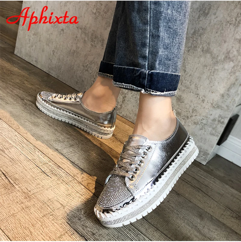 Aphixta Loafers Shoes Women Luxury Silver Crystal Lace-up Platform Shoes Woman Sequined Cloth Bling Crysta Black Flat Heels Shoe